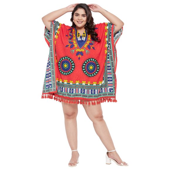 Dashiki Printed Red Polyester Short Caftan Tunic Dress for Women by Gypsie Blu - Picture 3 of 8